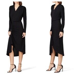 ATLEIN Black‎ Long Sleeve Ruched Asymmetric V Neck Midi Dress Size 6 Formal